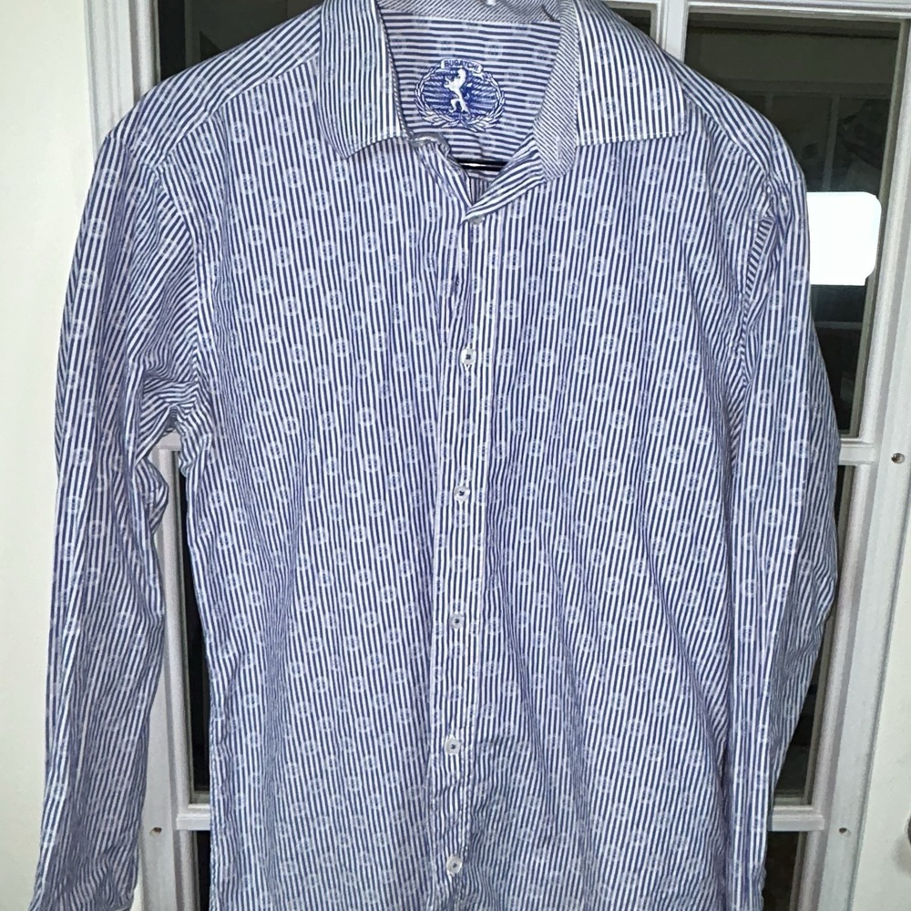 Bugatchi‎ Shaped Fit Blue White Stripe Medallion Print Dress Shirt Men's Medium - Picture 8 of 16